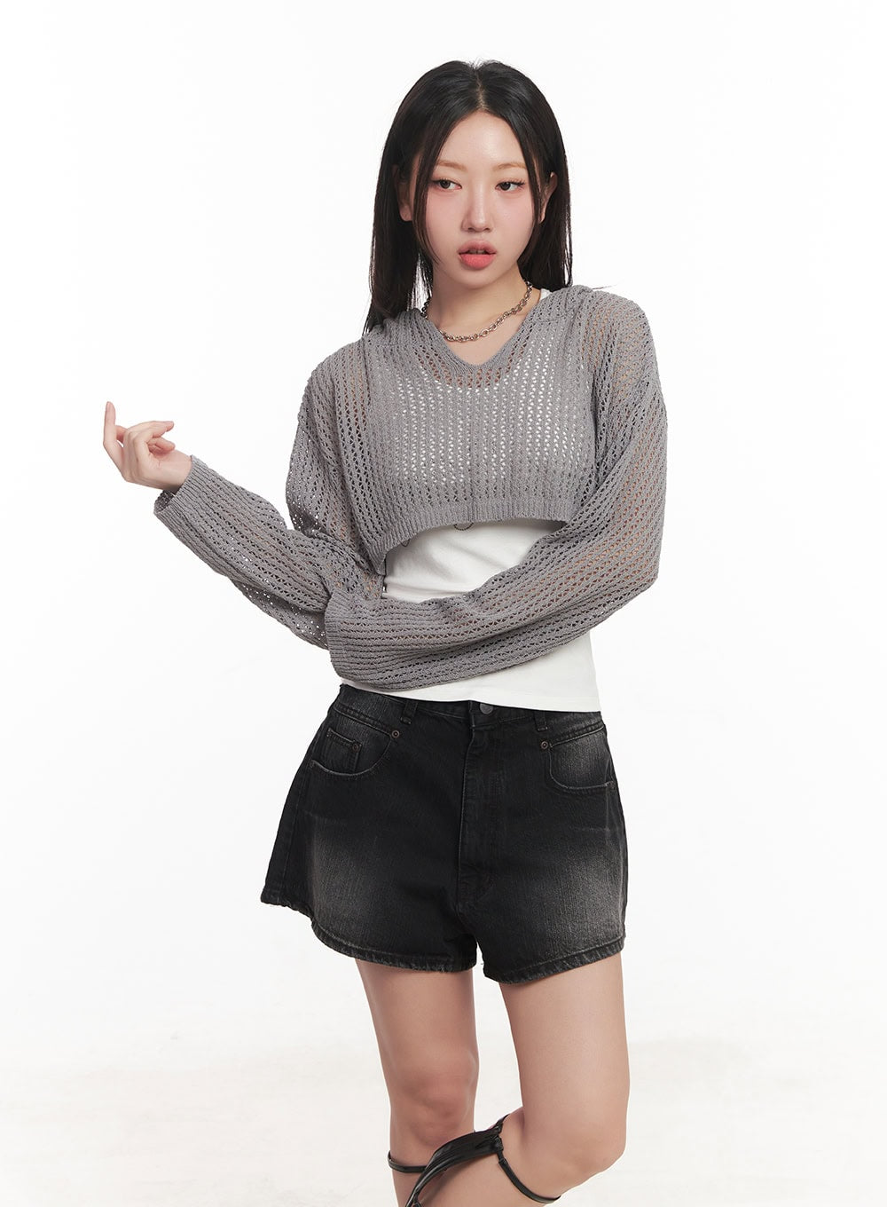 Knit Mesh Crop Long-Sleeve Top CA529