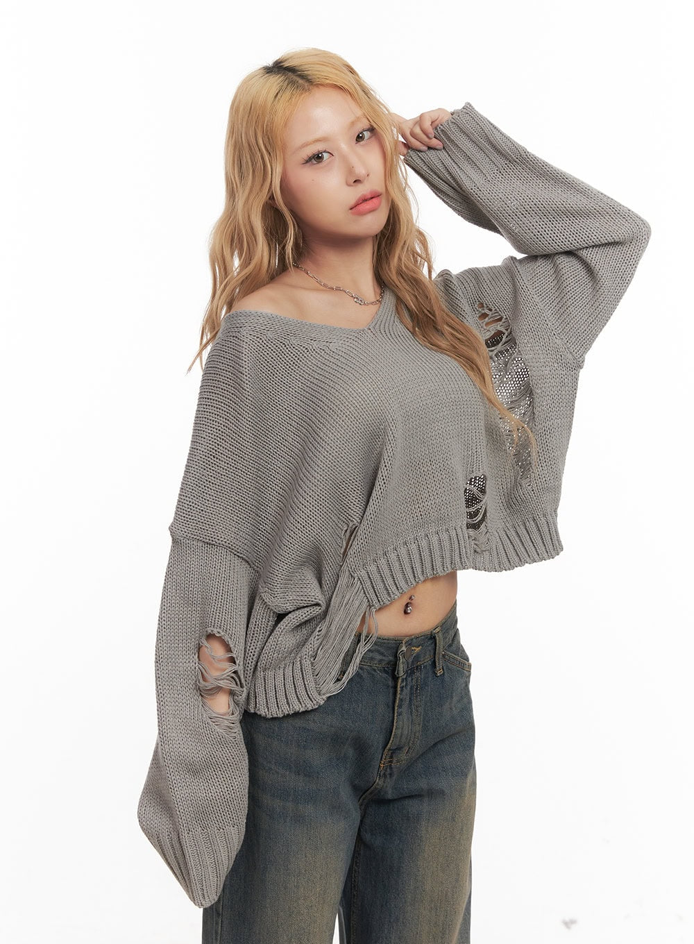 Destroyed Oversized Crop Sweater CM505