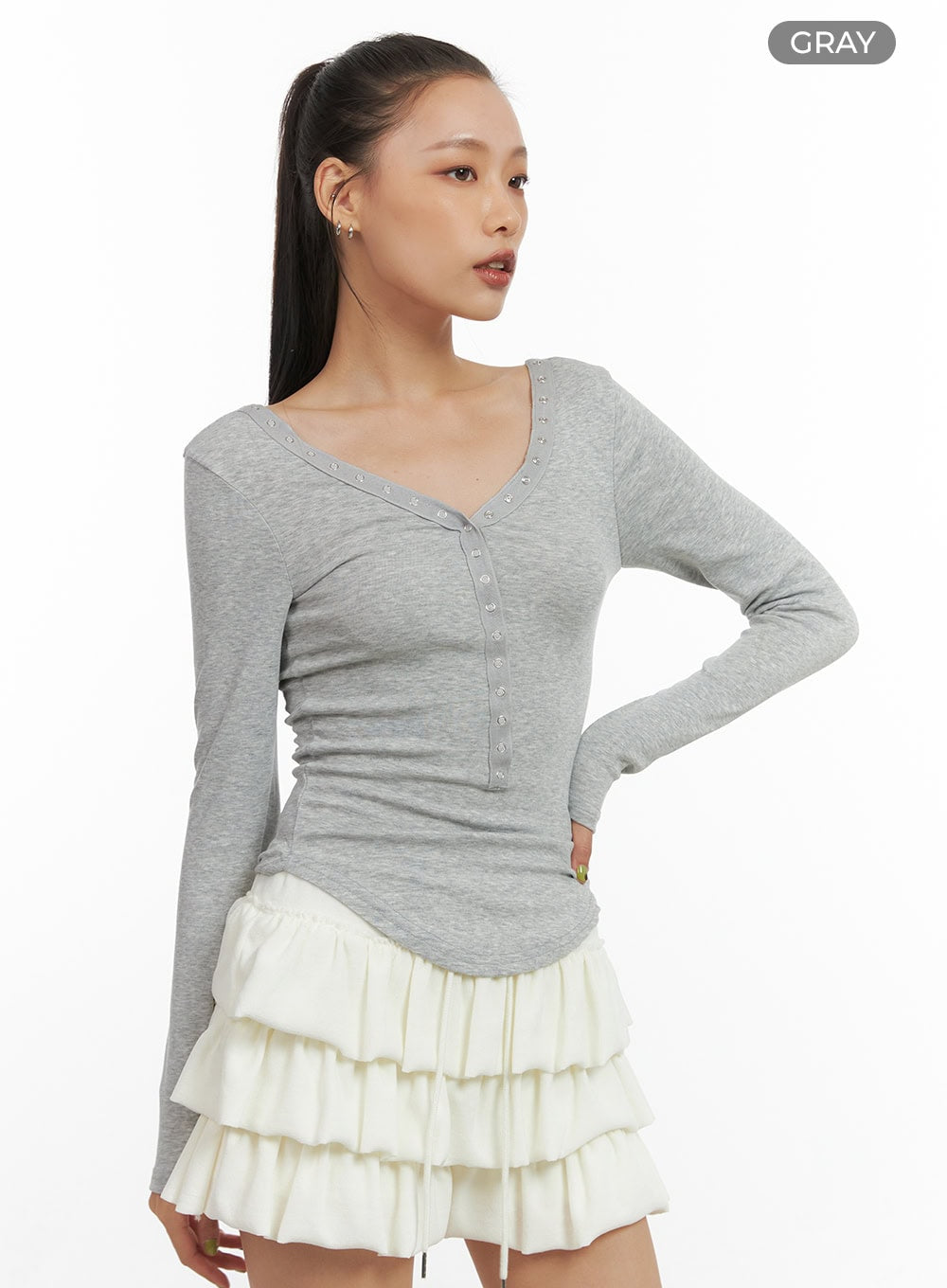 Buttoned V-Neck Slim Tee CO424