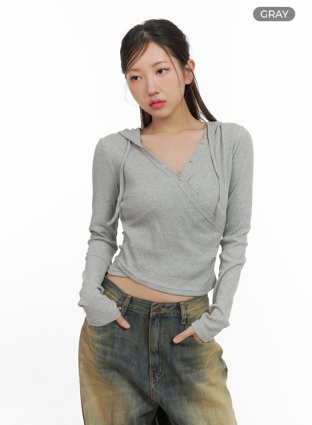 Ribbed Hoodie Long Sleeve Top CS405