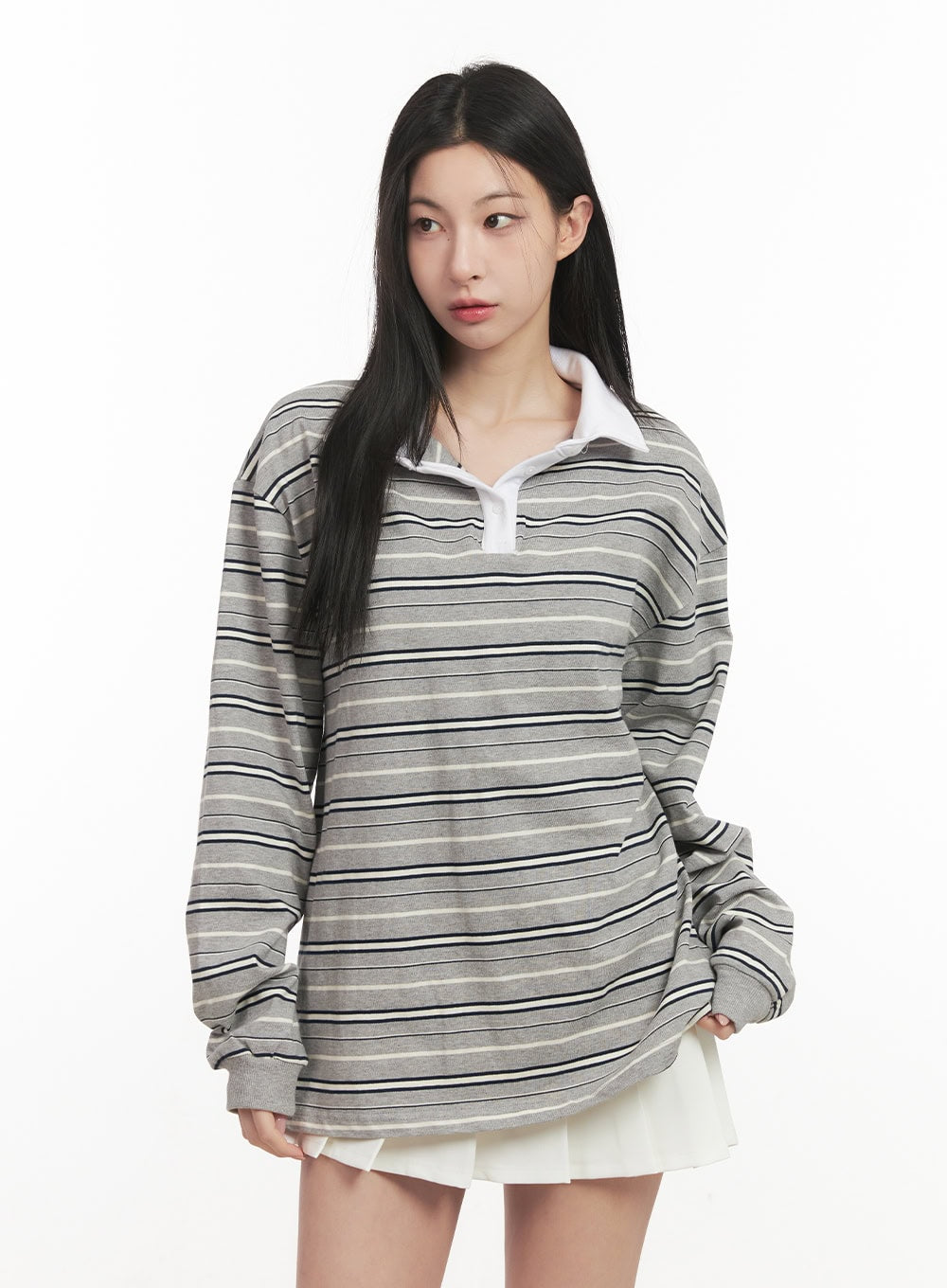 Oversized Striped Long Sleeve Polo Shirt CF514