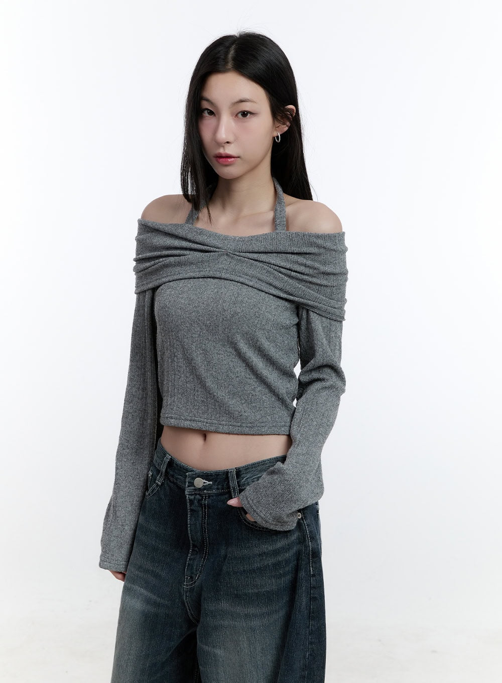 Long-Sleeve Off-Shoulder Halter Crop Top CJ520