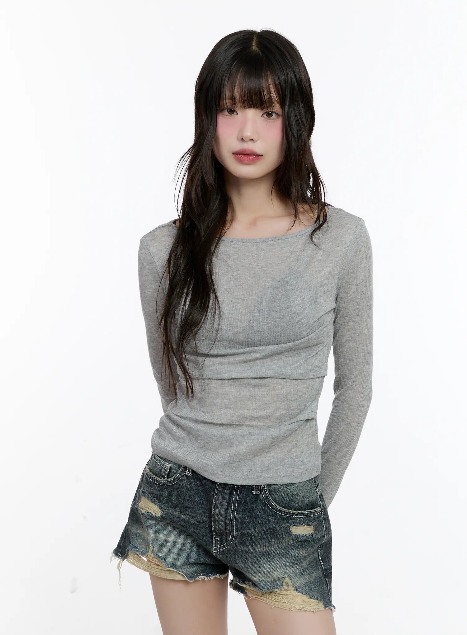 Boat-Neck Sheer Long-Sleeve Top CL507