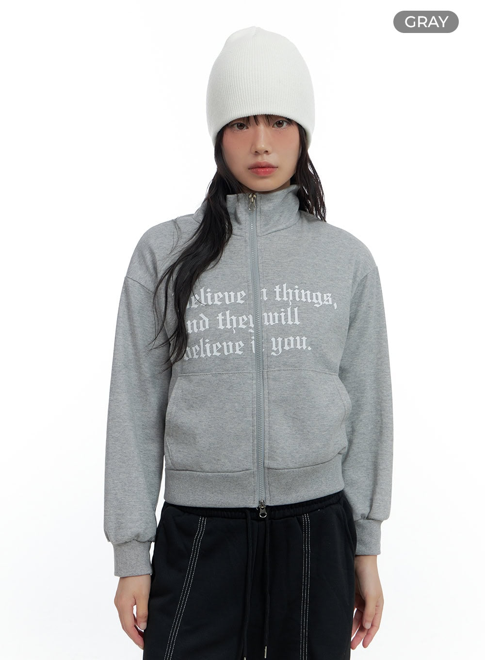 Zip-Up Cotton Lettered Sweatshirt CS420