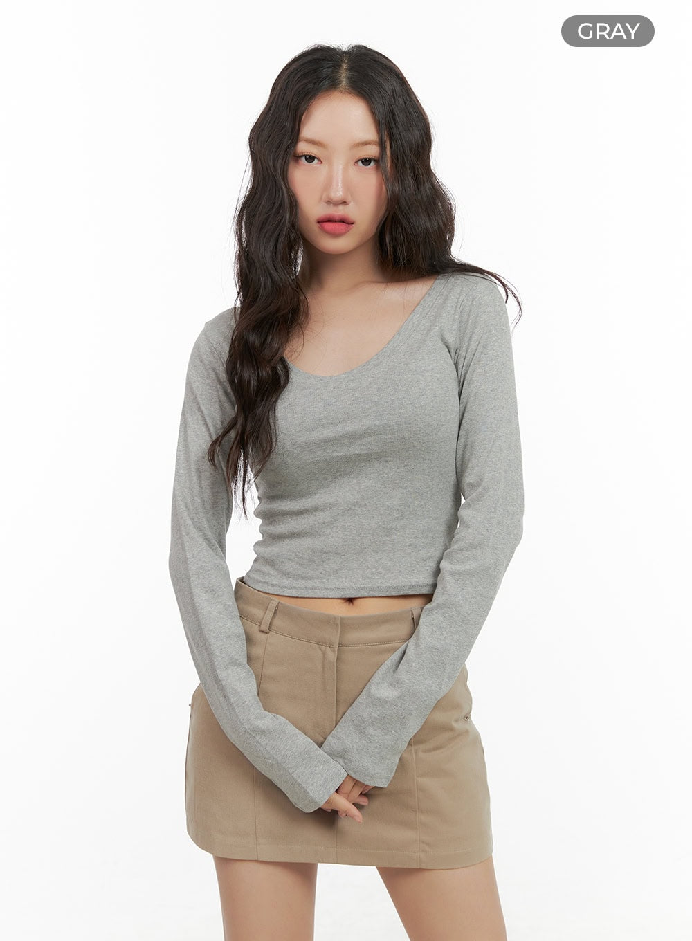 Cotton V-Neck Crop Long Sleeve Top CG422