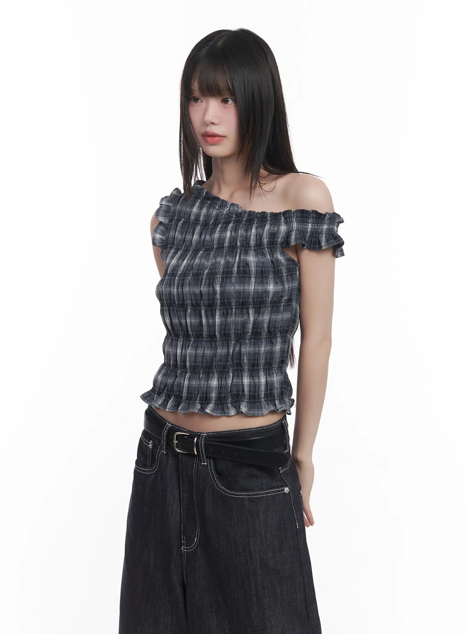 Plaid Frill One-Shoulder Crop Top CU519