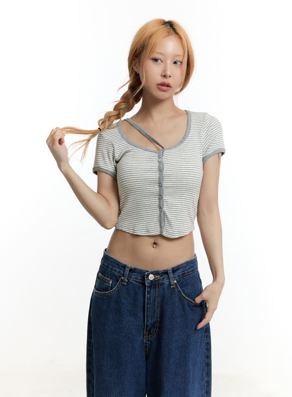 Stripe Buttoned Crop Top CY501