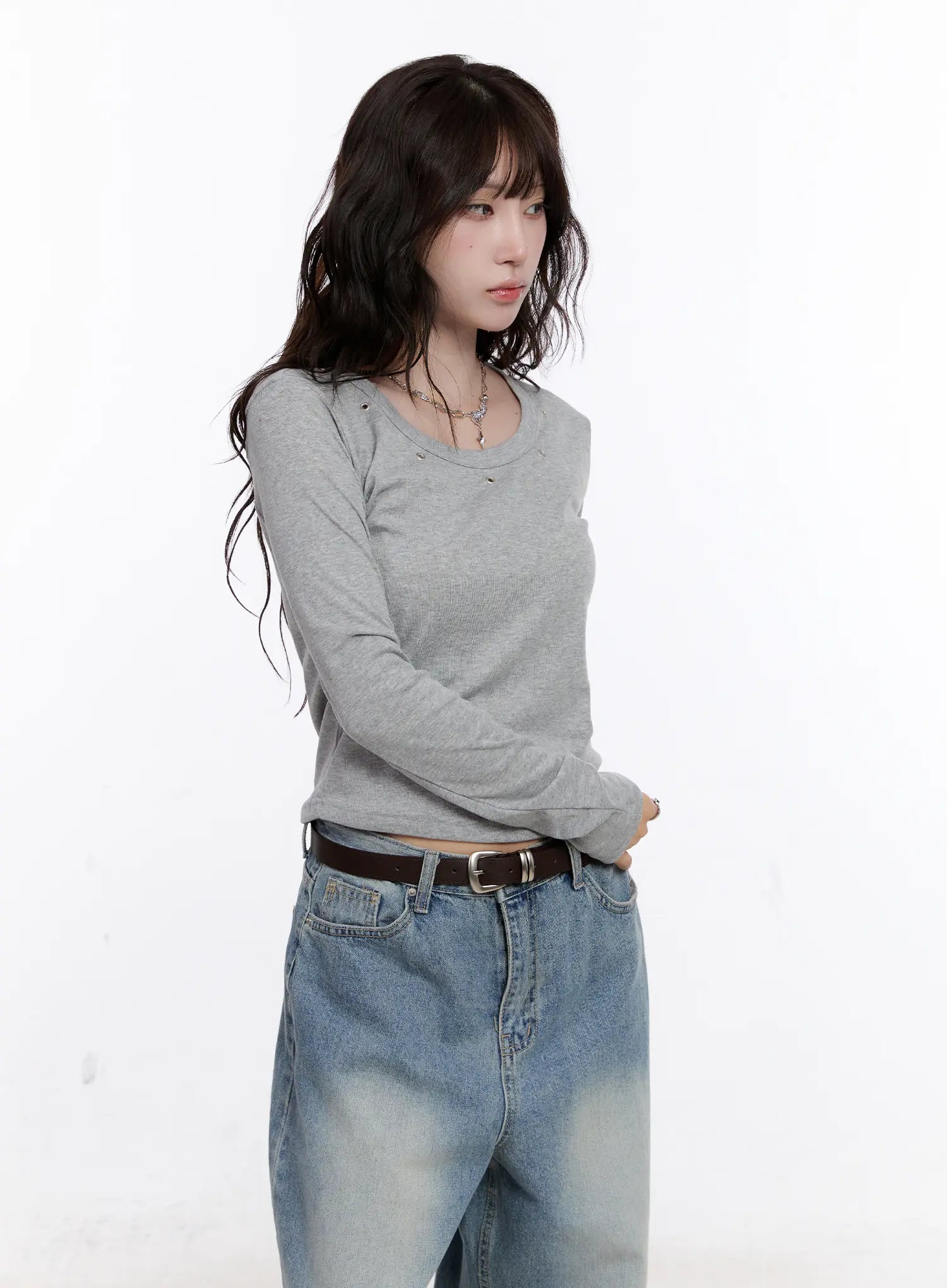 Ribbed U-Neck Eyelet Long Sleeve Top CS530