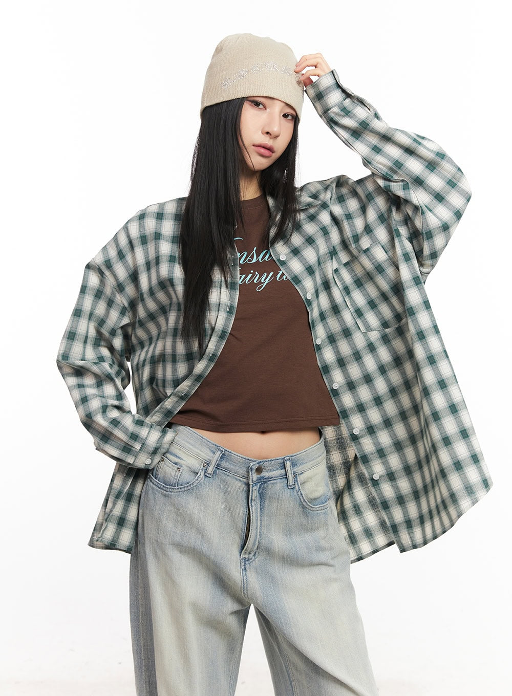 Oversized Plaid Print Button-Down Shirt CA514