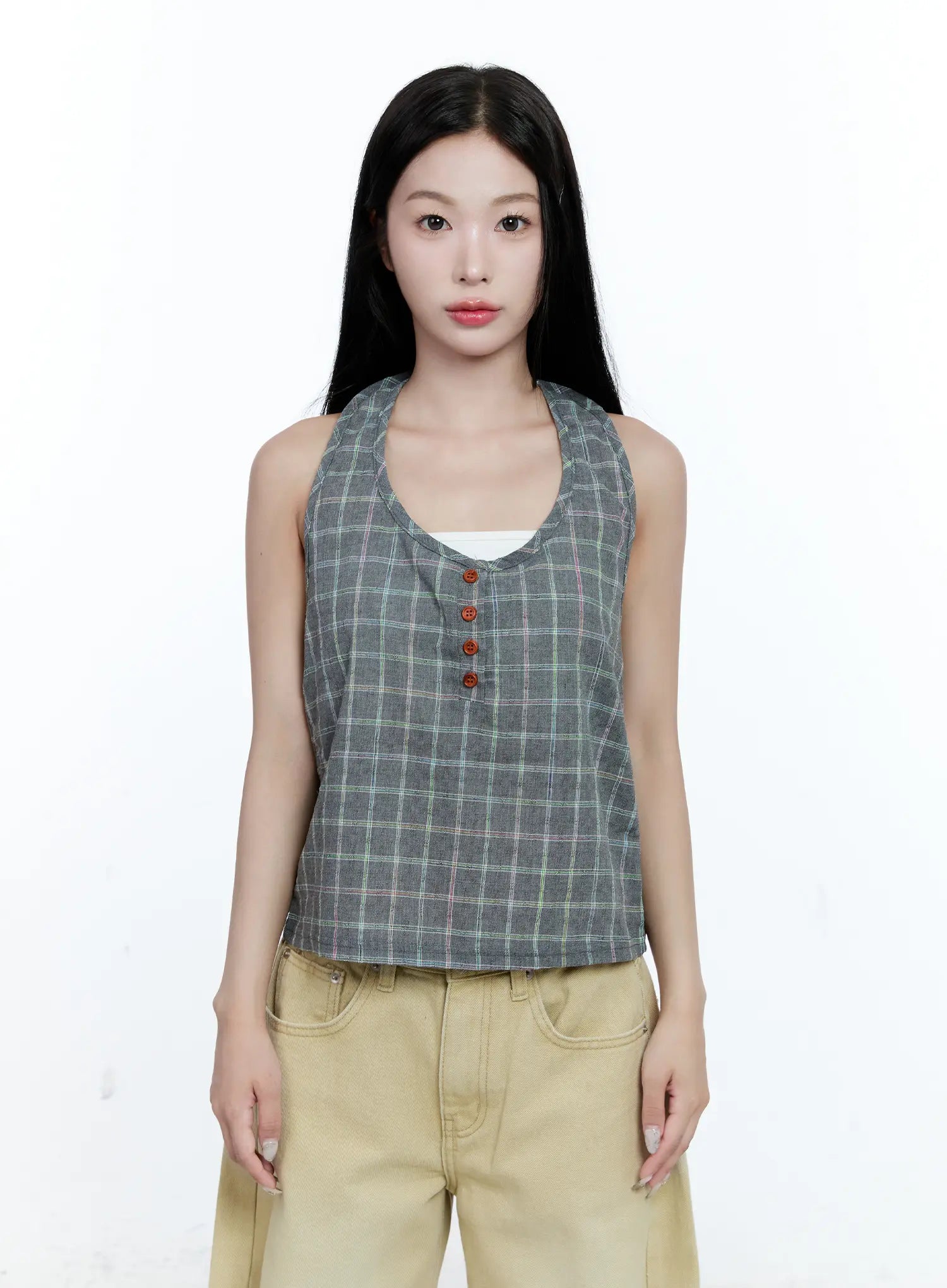 Plaid Button Halter Top CG507