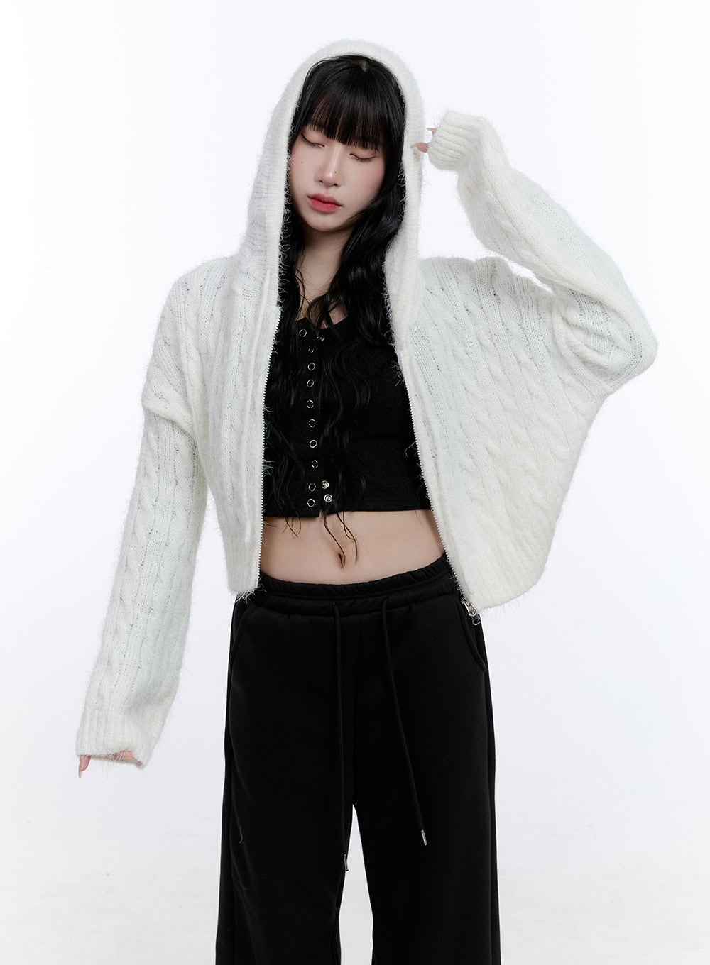 Cable Knit Cropped Hooded Cardigan CD419