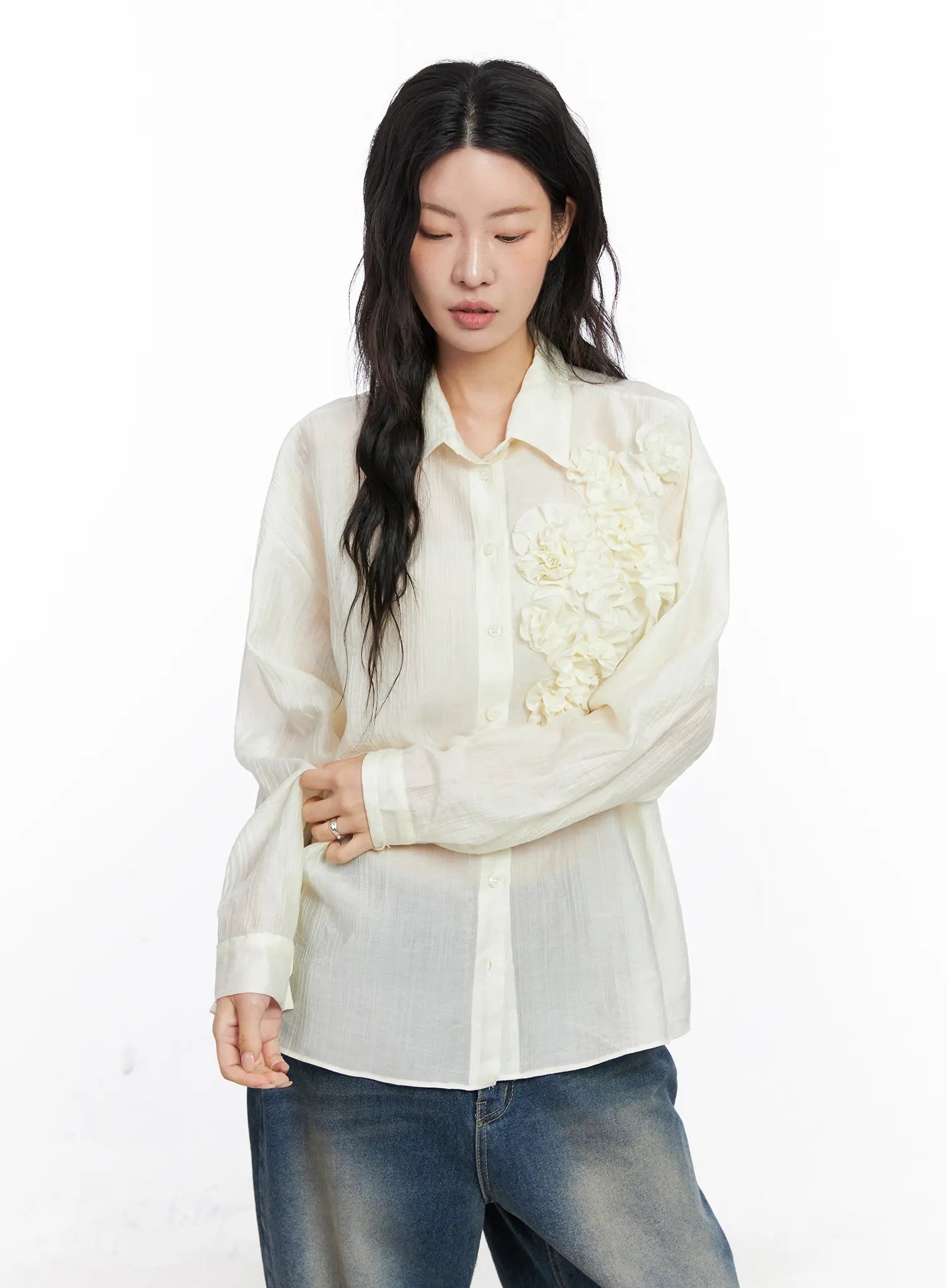 Oversized Floral Frill Chiffon Blouse CO507
