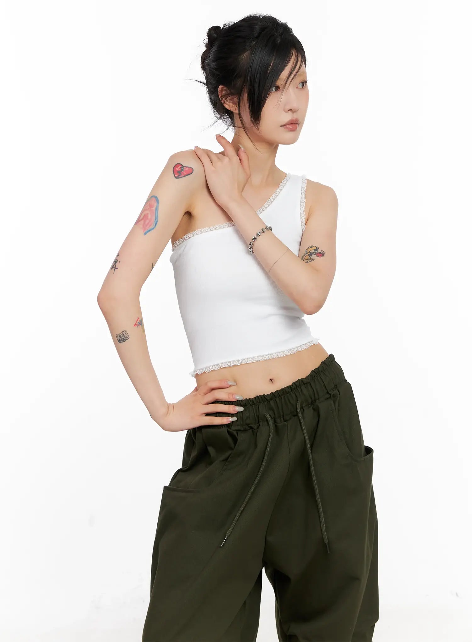 Asymmetric Lace-Trim Ribbed Top CL525