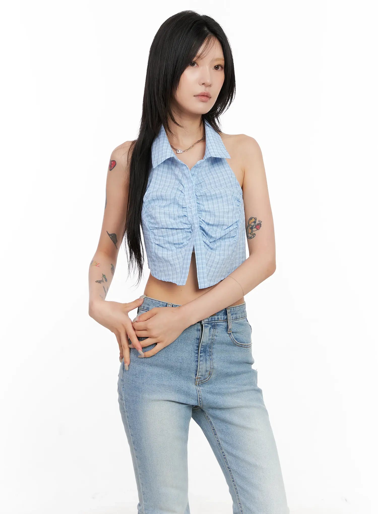 Gingham Sleeveless Halter Top CL525