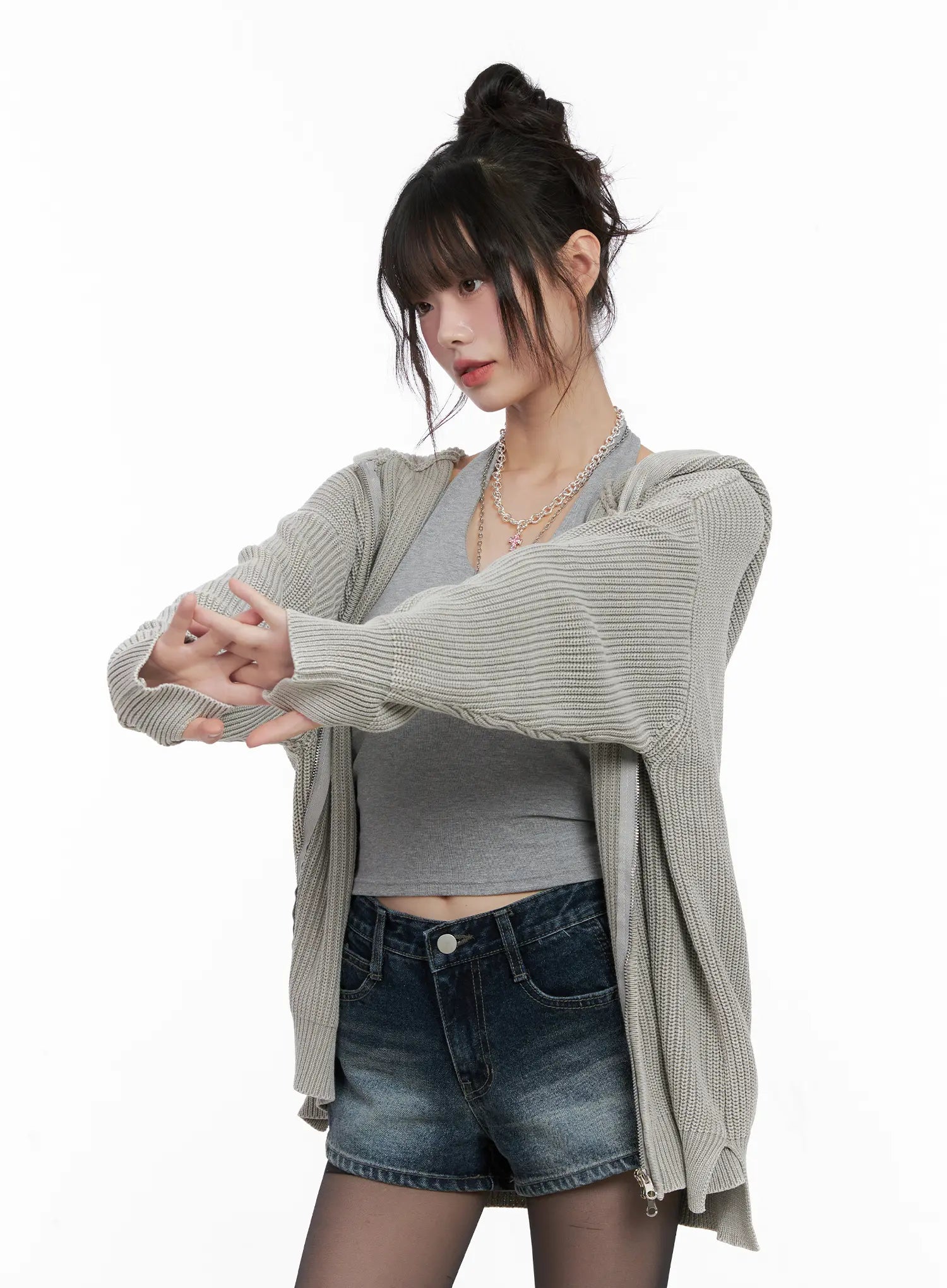 Chunky Washed Knit Hoodie Zip-Up CG518