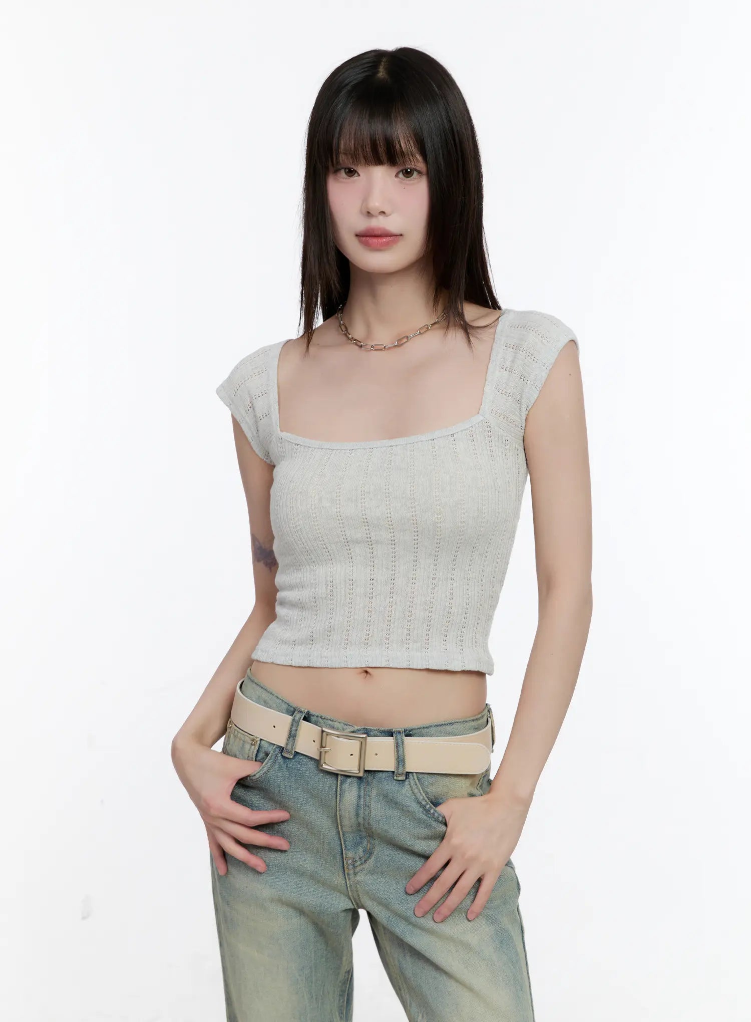 Square-Neck Cap-Sleeve Crop Top CL504