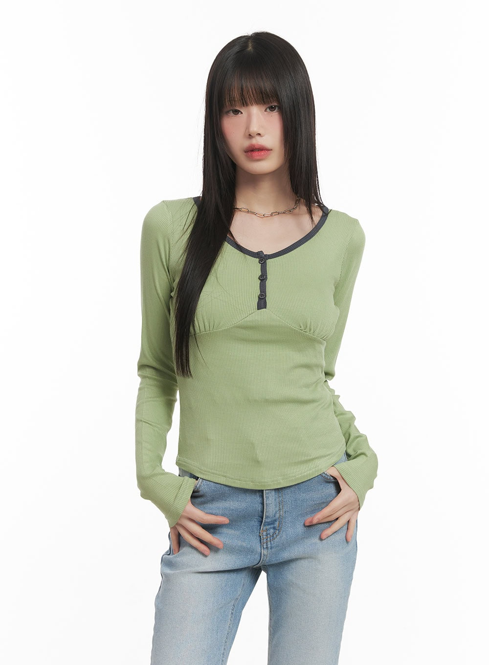 Shirred U-Neck Long-Sleeve Top CF519