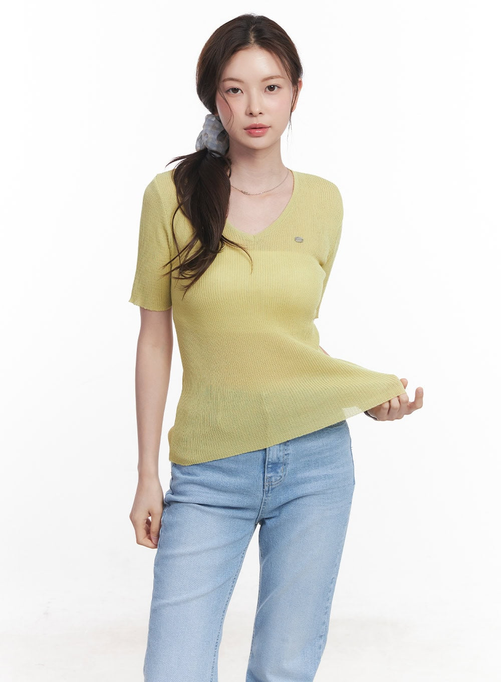 Sheer V-Neck Linen Short Sleeve Sweater CY519