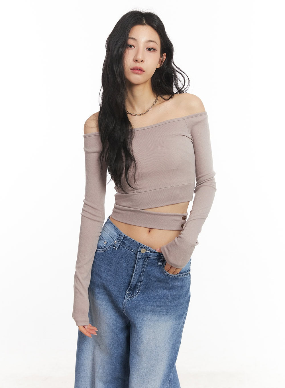 Cut-Out Off-Shoulder Long-Sleeve Crop Top CA504