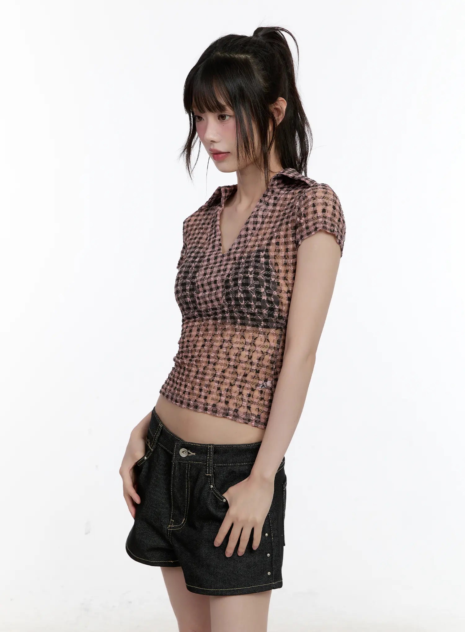 Sheer Checked Collar Tee CL504