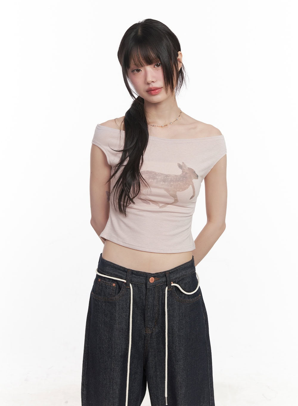 Cute Animal-Print  Graphic Off-Shoulder Crop Top CY521