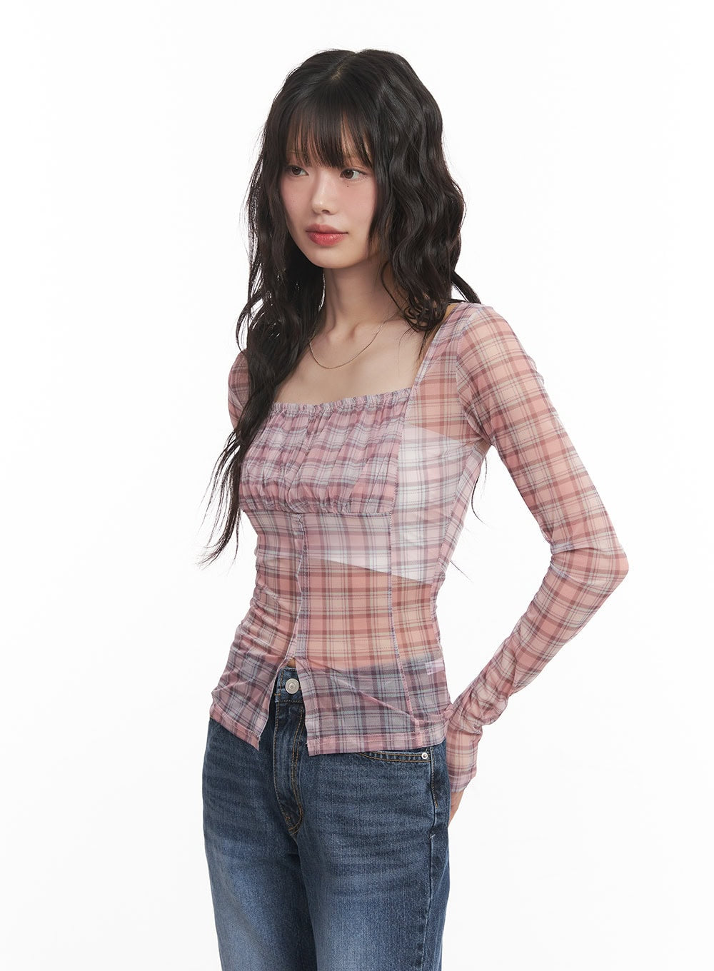 Sheer Checkered Square Neck Crop Top CM520