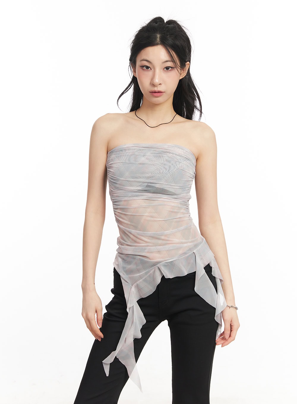 Sheer Plaid Ruffle Tube Top CA514