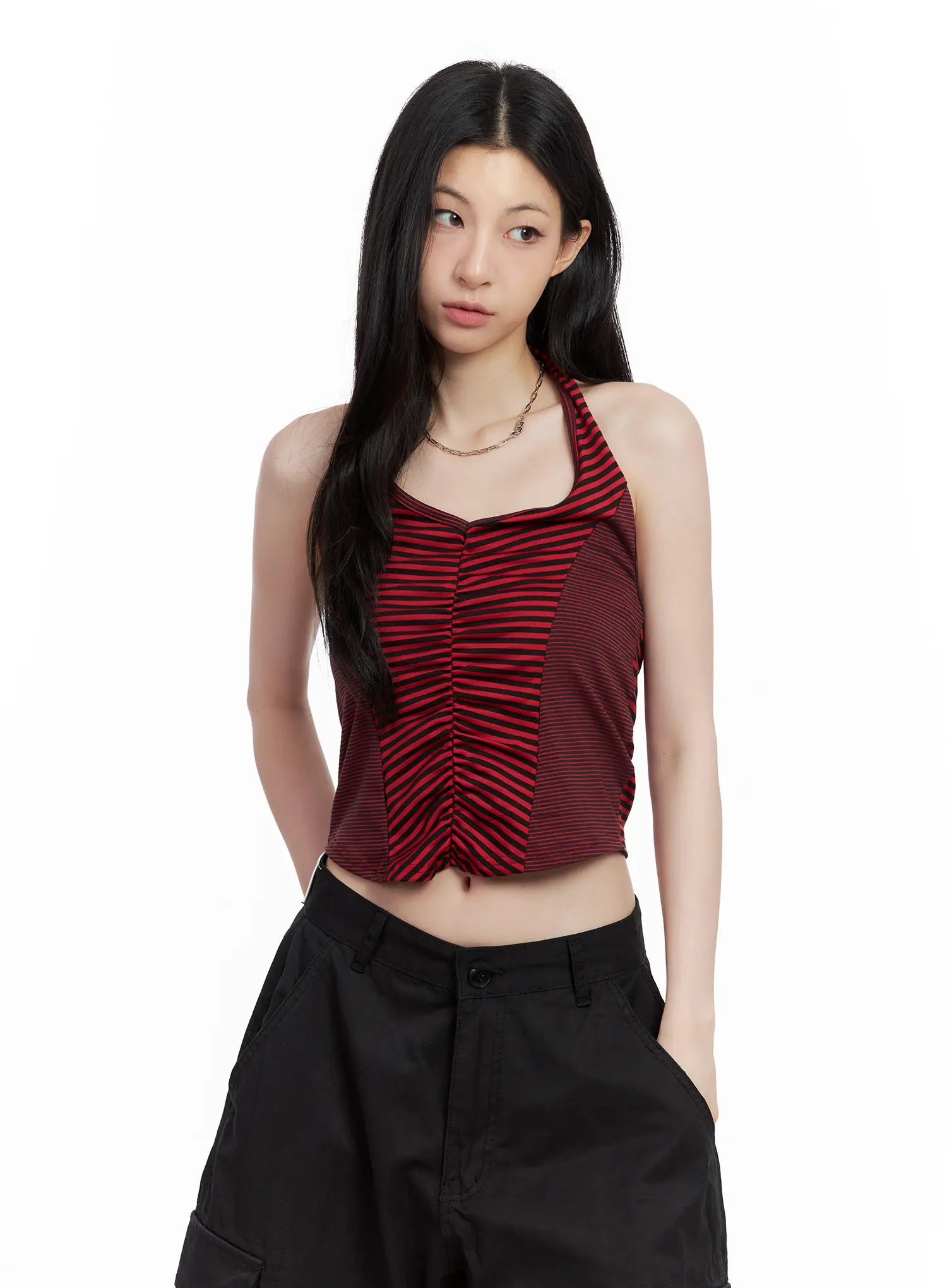 Ruched Striped Halter Top CU530