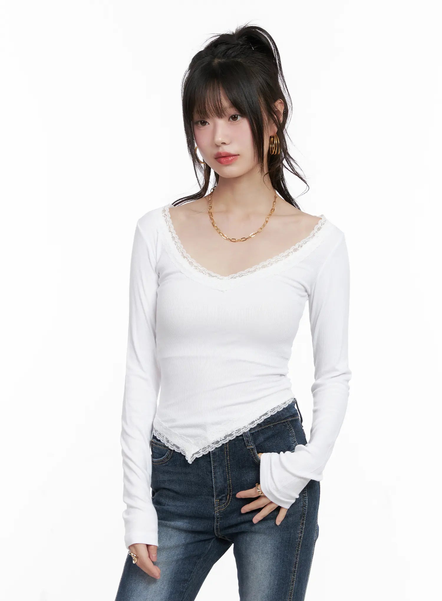 Slim Ribbed Lace Trim Top CG519