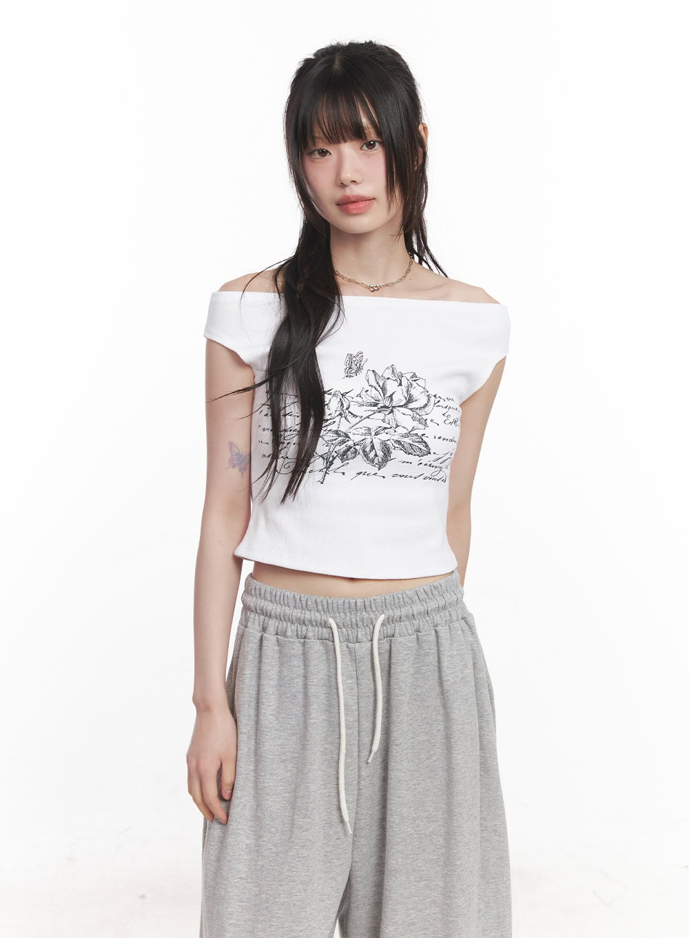 Graphic Print Off-Shoulder Crop Top CY520