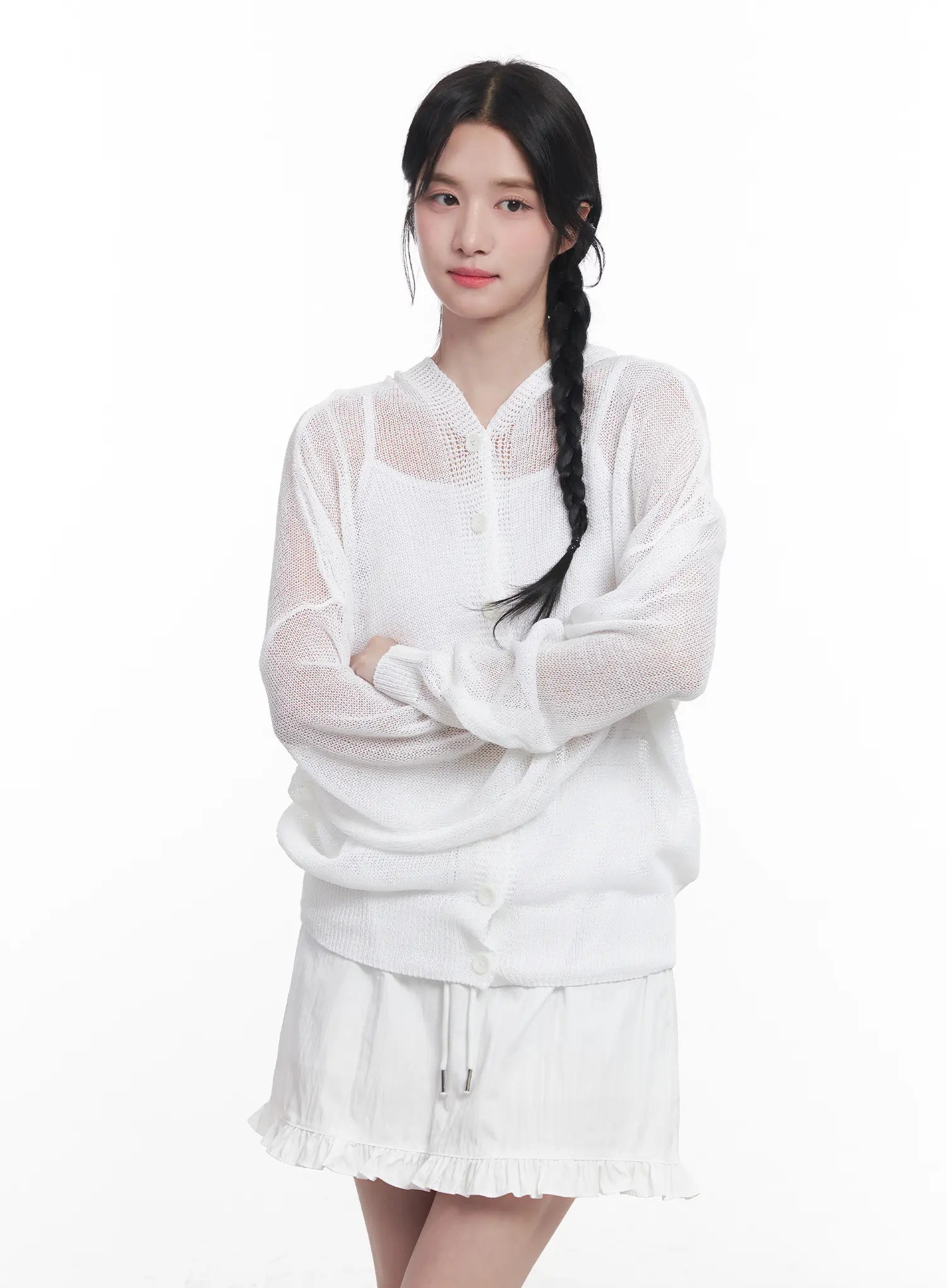 Sheer Buttoned Hooded Cardigan CU523