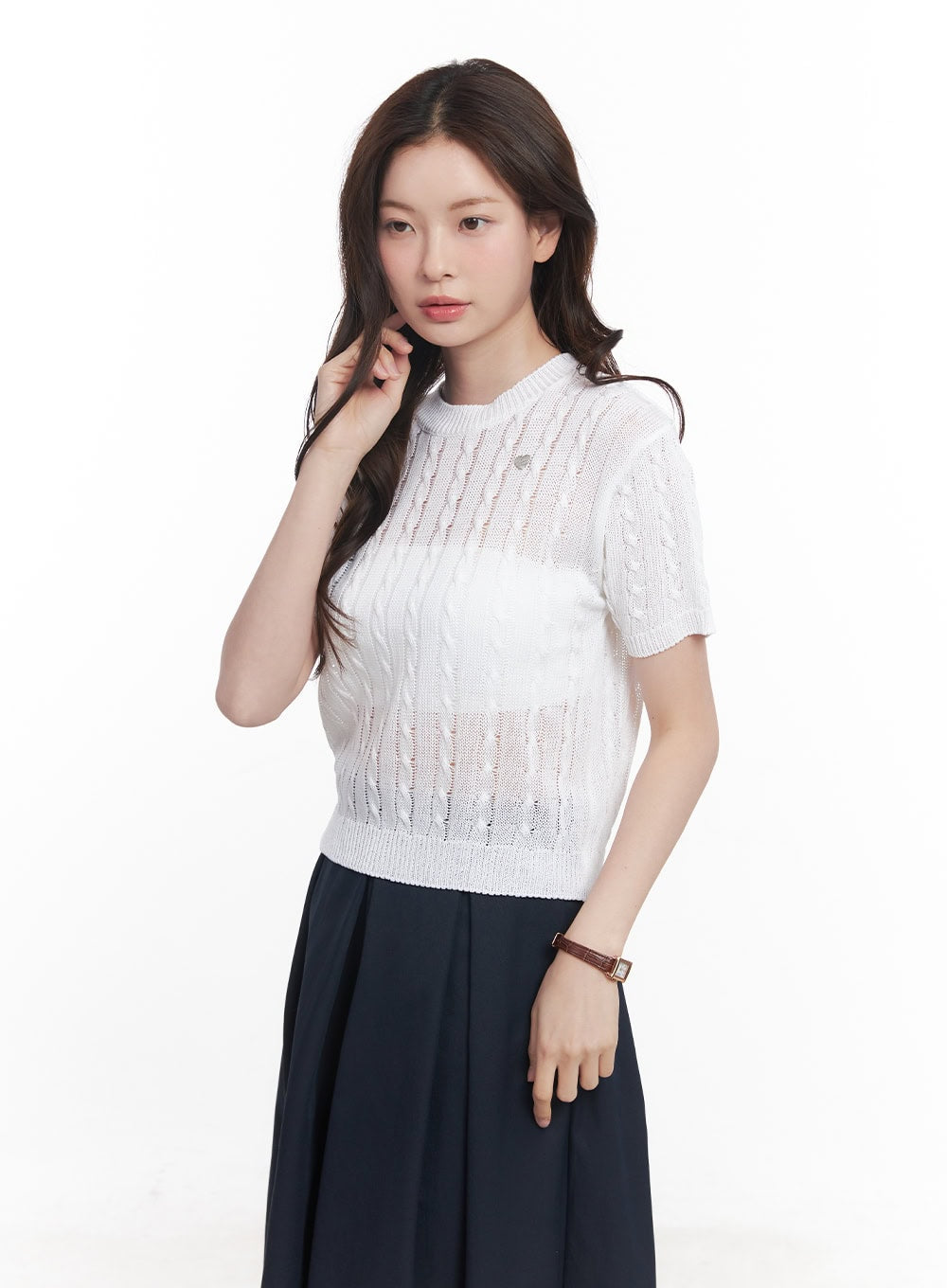 Cable-Knit Short-Sleeve Sweater CY515