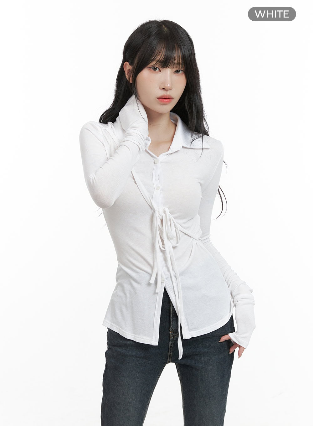Long Sleeve Slim Tie Collar Top CG421