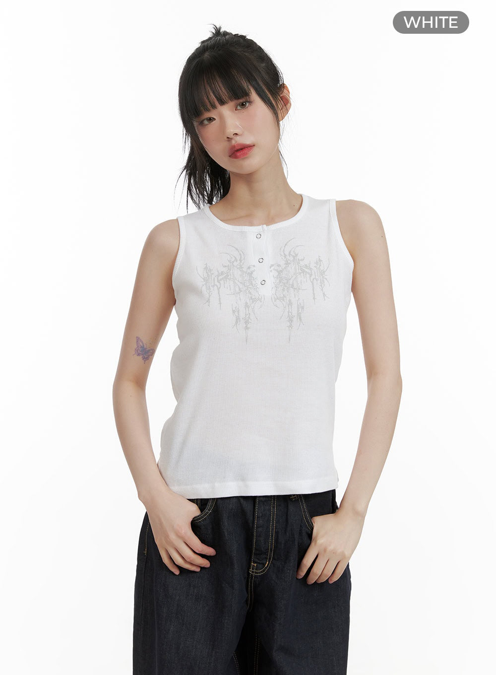 Graphic Mid Buttoned Cotton Tank Top CU410