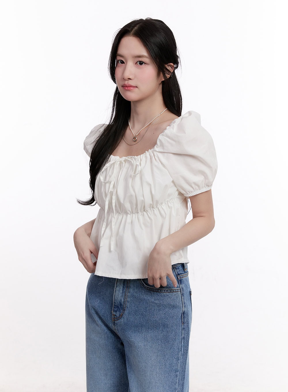 Ribbon Puff Sleeve Square Neck Top CM526