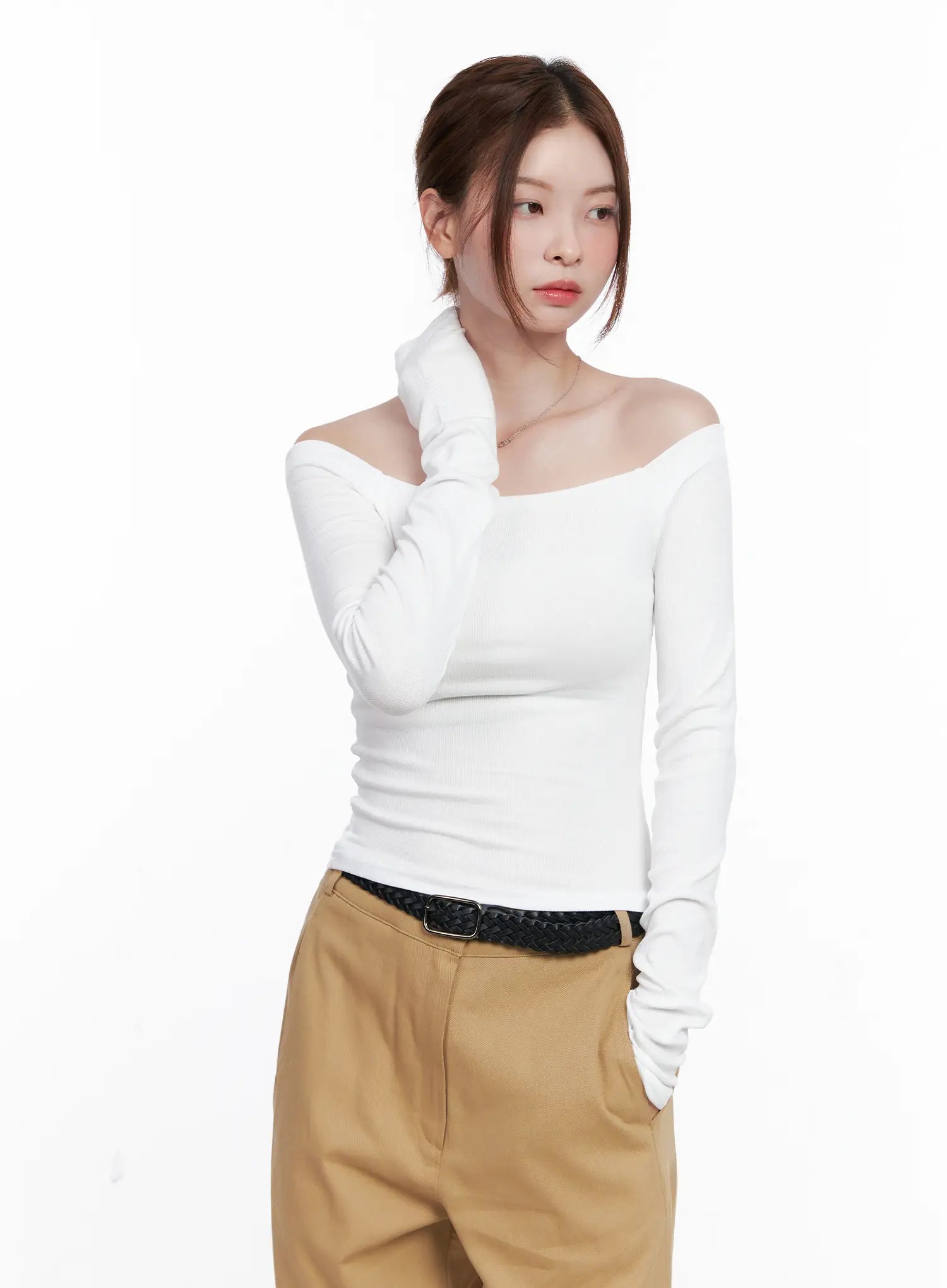 Ribbed Off-Shoulder Long Sleeve Top CG520