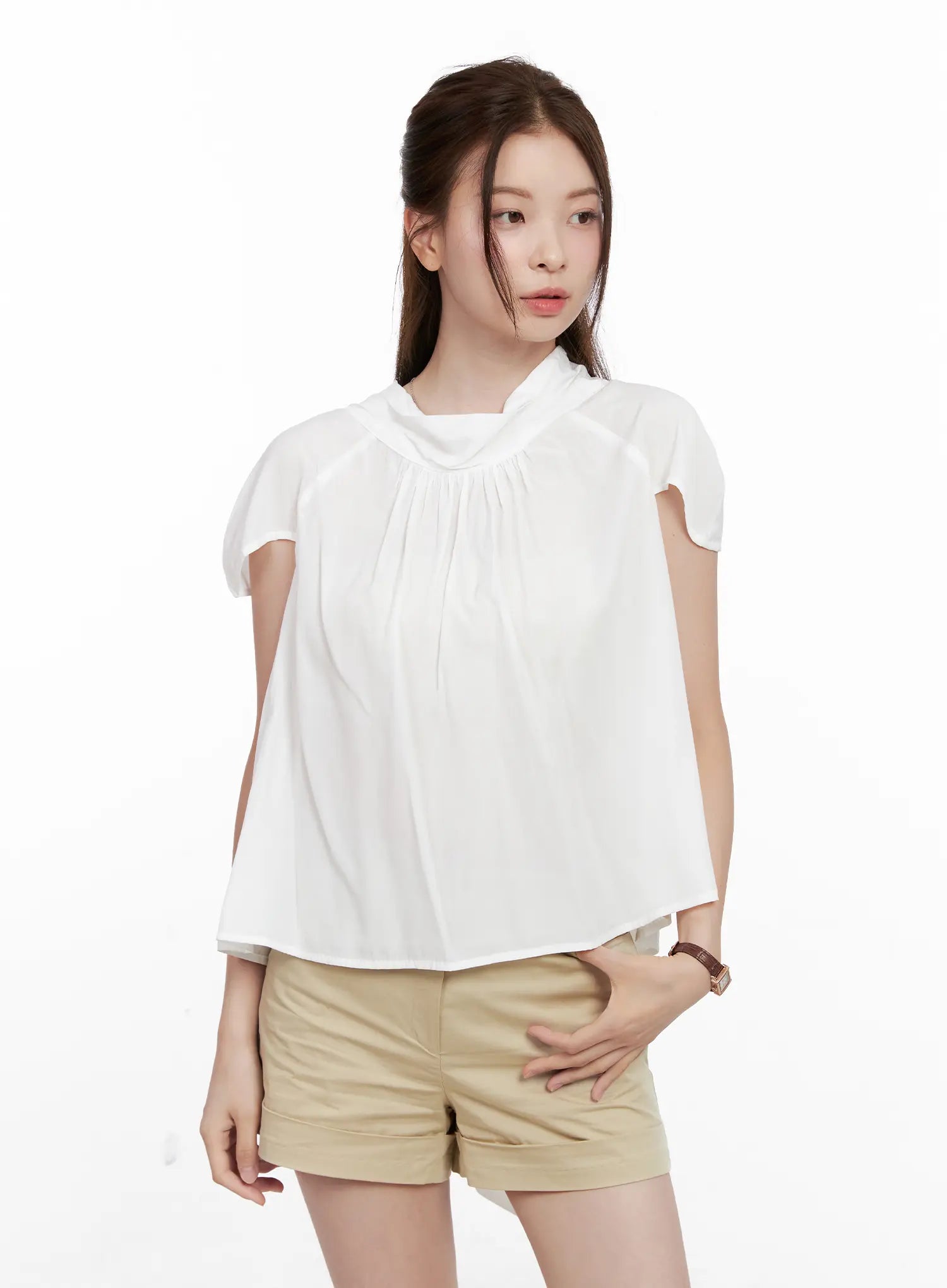 Shirred Ribbon Short-Sleeve Blouse CL523