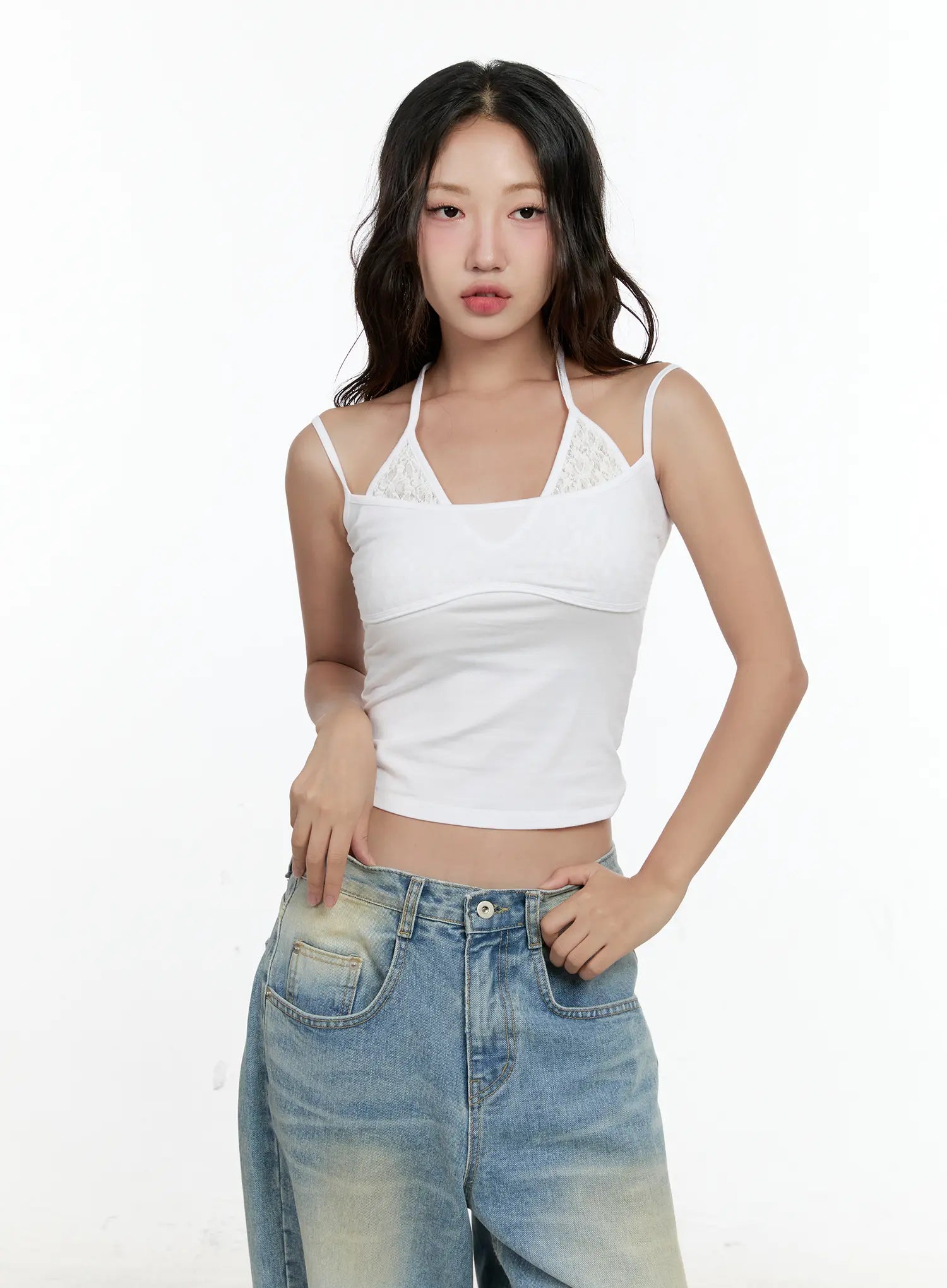 Double-Layered Lace Halter Top CL531