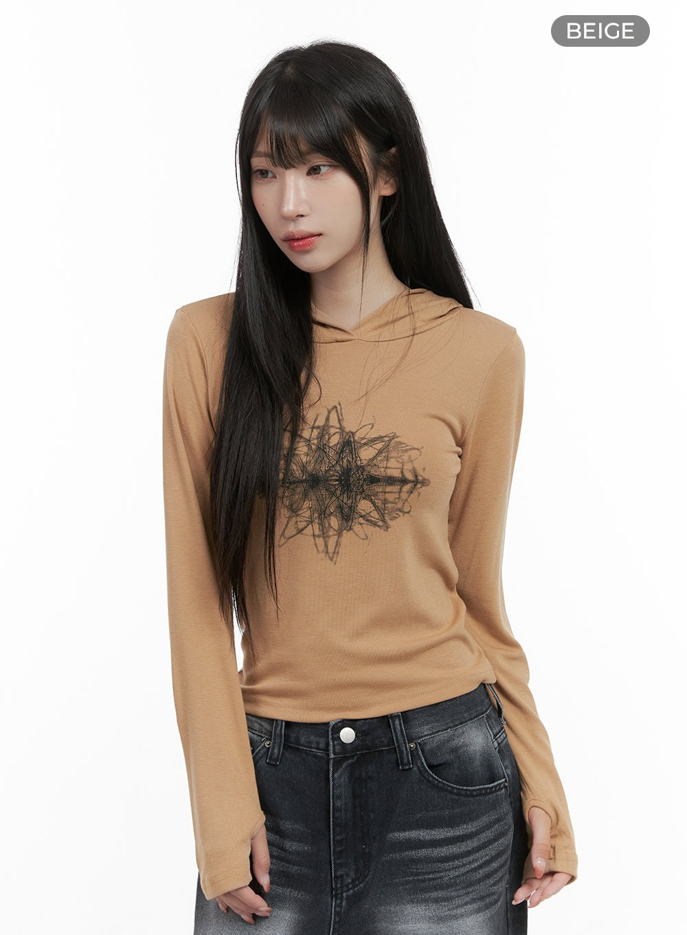 Printed Hand Warmer Long Sleeve Hood Top CS419