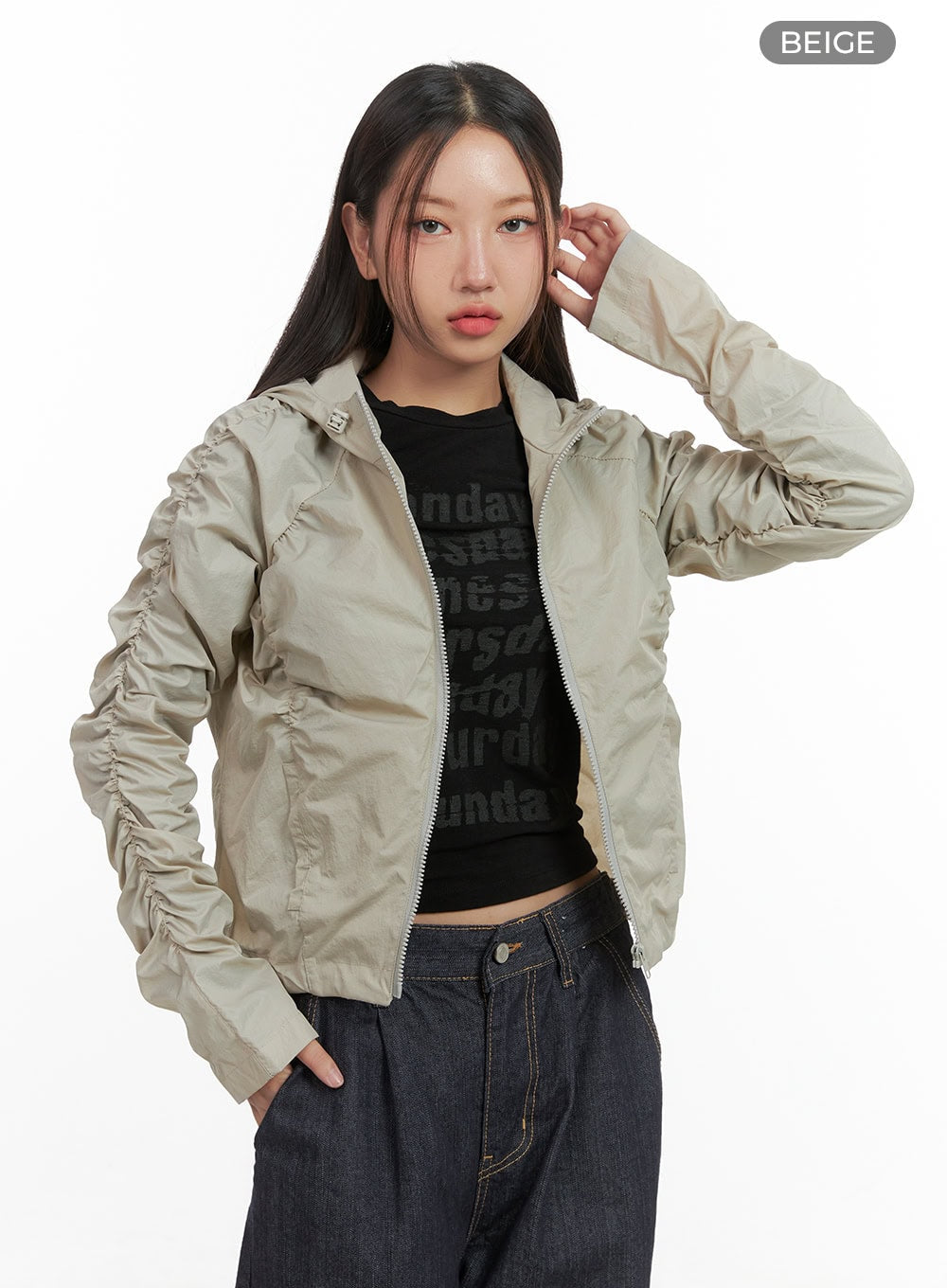 Shirred Hooded Nylon Crop Jacket CO402