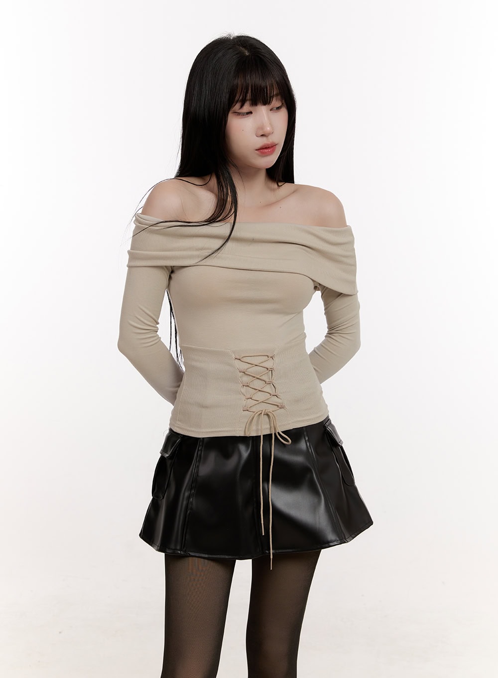 Ribbon Corset Off-Shoulder Long-Sleeve Top CJ529