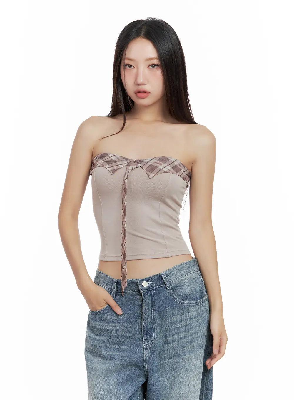 Contrast Plaid-Tie Tube Top CL508