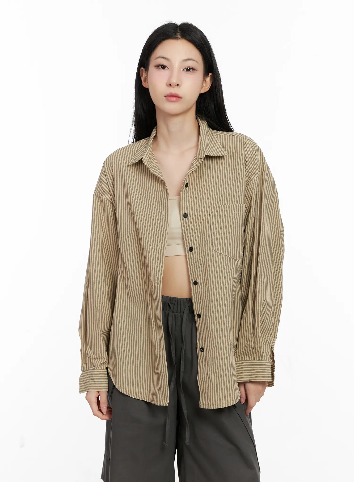 Relaxed Fit Striped Button-Up Long Sleeve Shirt CG526