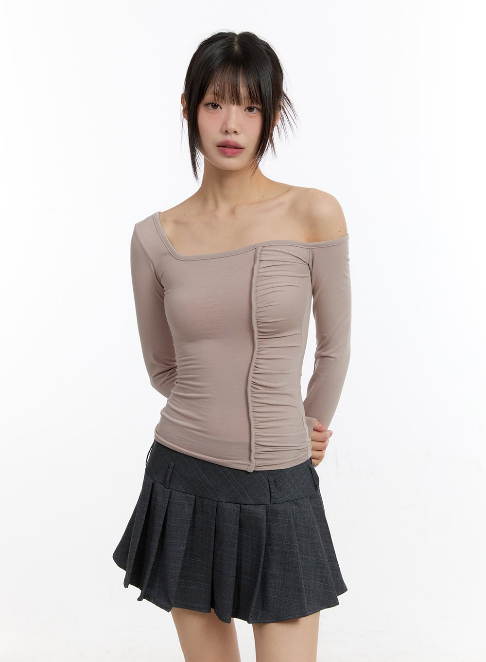 Shirred One-Shoulder Long-Sleeve Top CA508