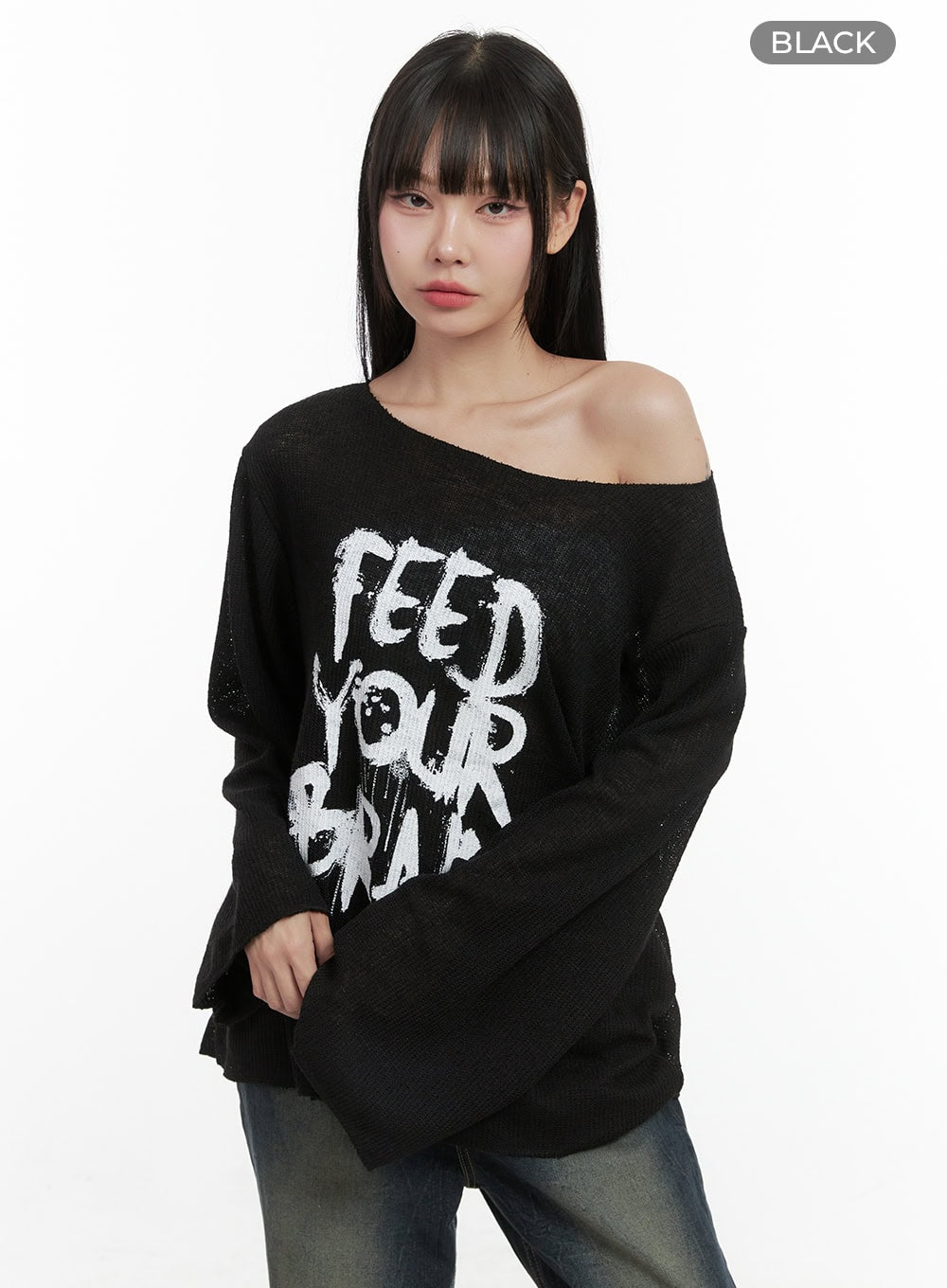 Lettered Boat Neck Off-Shoulder Knit OS410