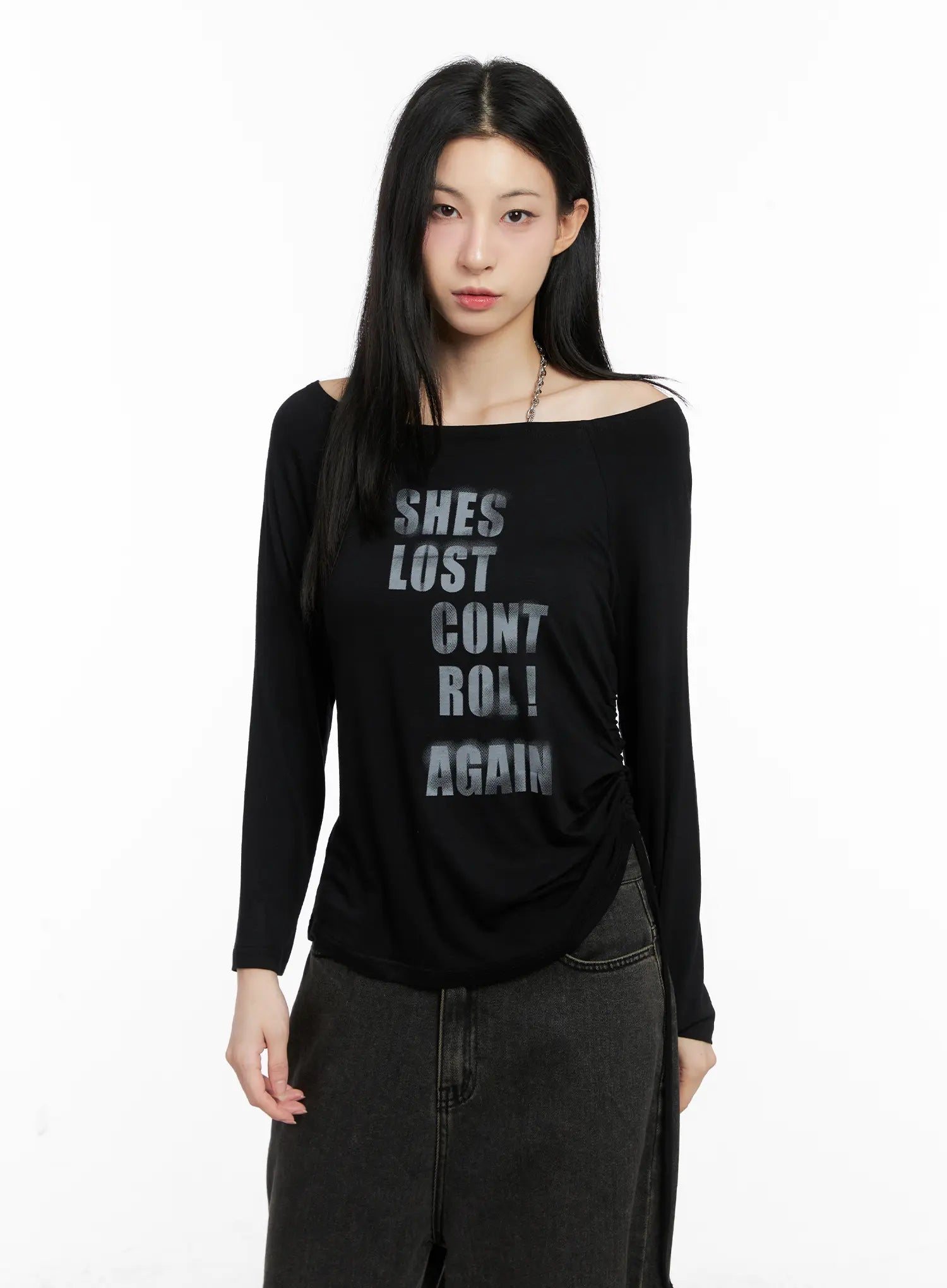 Graphic Off-Shoulder Long Sleeve Top CG522