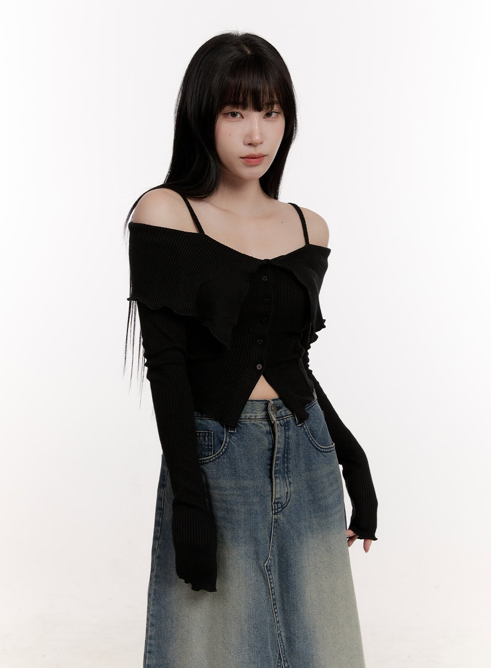 Strapped Off-Shoulder Long-Sleeve Crop Top CJ529