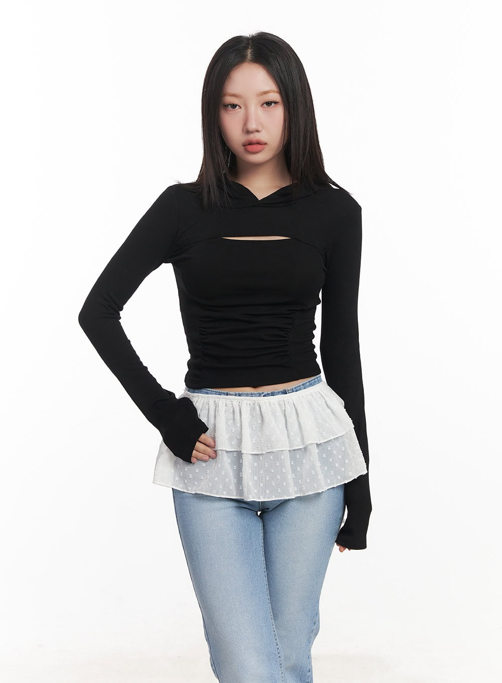 Shirred Cut-Out Crop Hoodie Top CA521