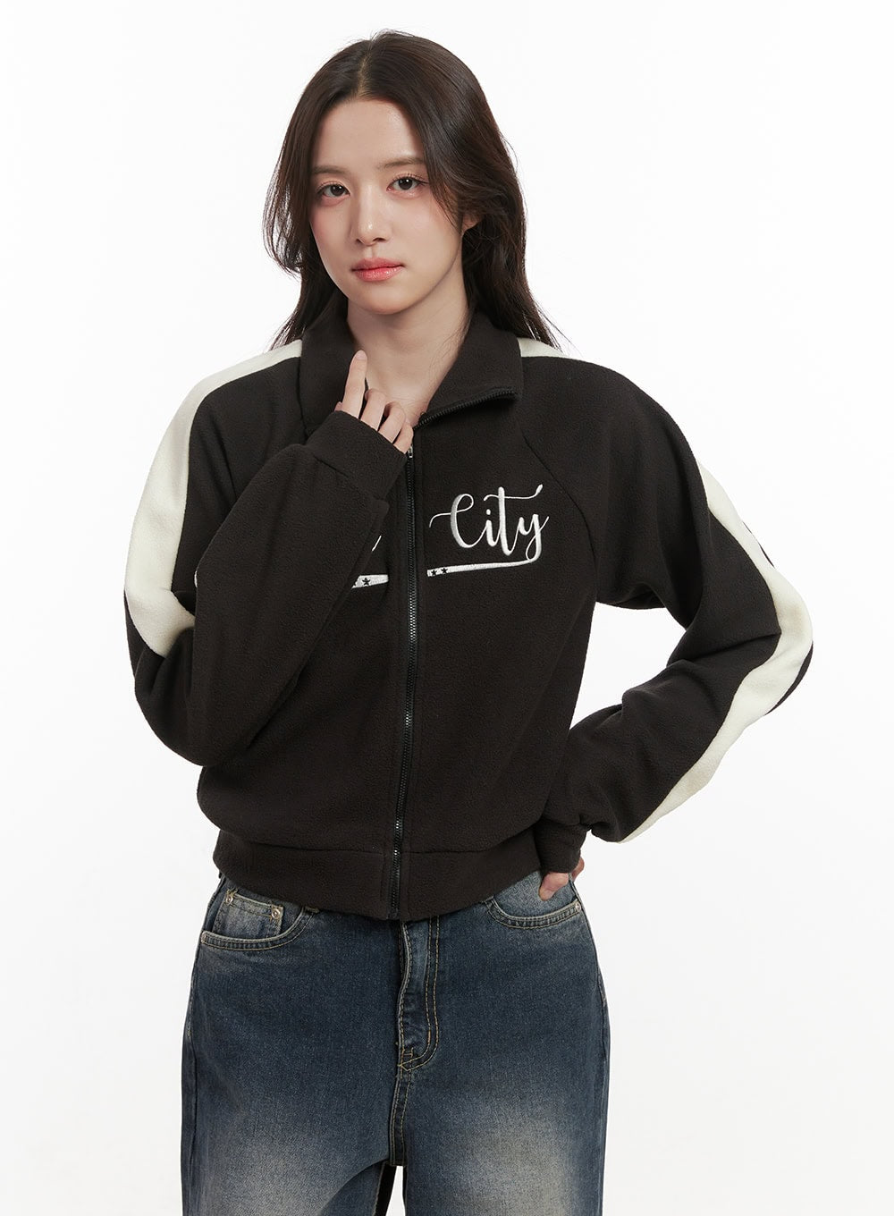 Fleece Lettering Zip Up Sweatshirt ON429