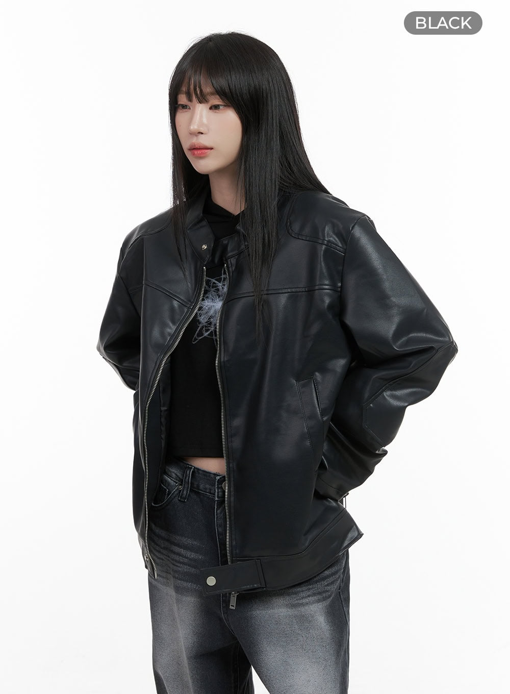 Chic Oversized Zip-Up Faux Leather Jacket CS419